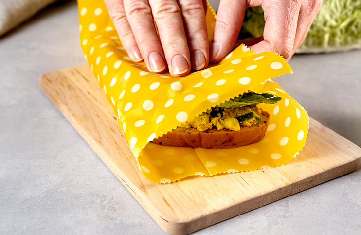 healthy sandwich in beeswax food wrap