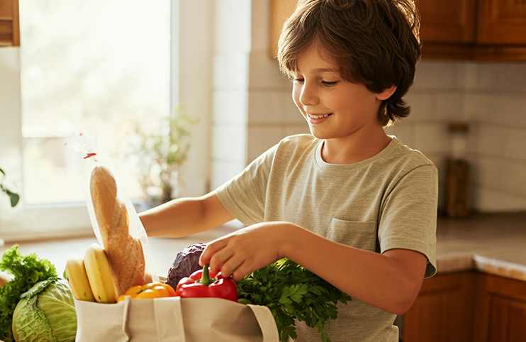 boy putting groceries in a reusable bag