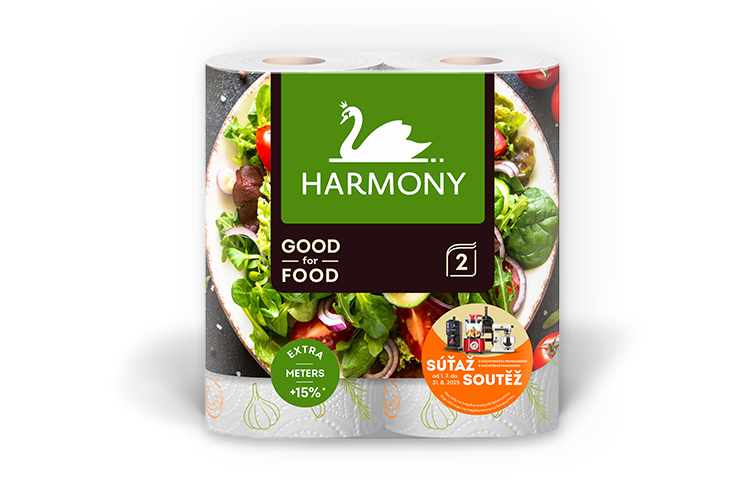 A package of Harmony "Good for Food" kitchen paper towels with a green swan logo, a bowl of colorful fresh salad in the background, and labels highlighting extra length, food contact suitability, and a promotional contest.